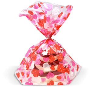 18 valentine cellophane basket bags with twist ties 22″ x 25″ jumbo large valentines day red heart gift wrap clear cello plastic bag for baskets