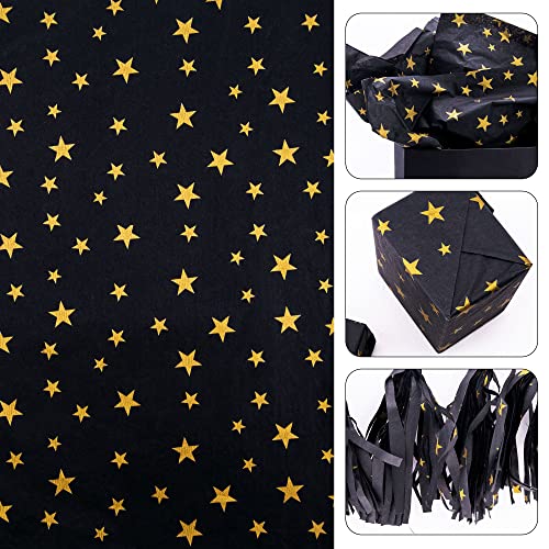 60 Sheets Black with Gold Star Tissue Paper,Black Tissue Paper for Gift Bags,Black Gift Wrapping Tissue for Halloween Christmas,Wedding,Birthday,Arts Crafts,14 x 20 Inch