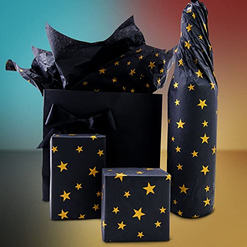 60 Sheets Black with Gold Star Tissue Paper,Black Tissue Paper for Gift Bags,Black Gift Wrapping Tissue for Halloween Christmas,Wedding,Birthday,Arts Crafts,14 x 20 Inch