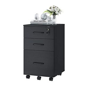 panana 3 drawer wood mobile file cabinet, under desk storage drawers small file cabinet for home office (black)