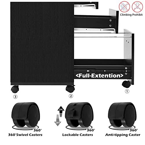Panana 3 Drawer Wood Mobile File Cabinet, Under Desk Storage Drawers Small File Cabinet for Home Office (Black)