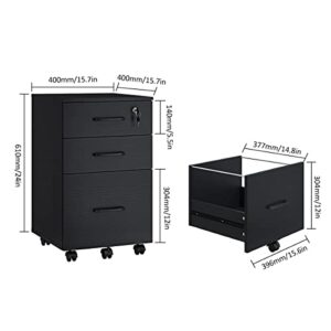 Panana 3 Drawer Wood Mobile File Cabinet, Under Desk Storage Drawers Small File Cabinet for Home Office (Black)