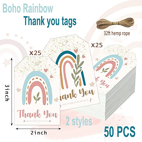 Boho Party Thank You Tags- Boho Party Favor Decoration, 50pcs Bohemian Thank You Hanging Gift Wrap Tags for Boho Rainbow Theme Birthday, Wedding, Baby Shower, Mother's Day Party