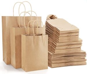 kslong 105 pack brown kraft gift bags with handles, natural plain kraft paper shopping bags bulk for retail business, grocery, merchandise, craft, birthday, wedding, party favors in 3 sizes