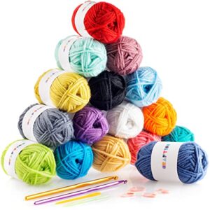 Сrochet kit 16x20g acrylic yarn skeins with 2 hooks, 2 weaving needles and 4 stitch makers – 700 yards of soft yarn for crocheting and knitting craft project, assorted starter yarn bulk pack