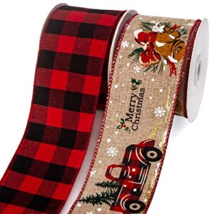ribbli 2 rolls christmas burlap wired ribbon,christmas truck & red and black buffalo plaid,2-1/2 inch total 20 yard, christmas ribbon for big bow, christmas wreath and tree decoration