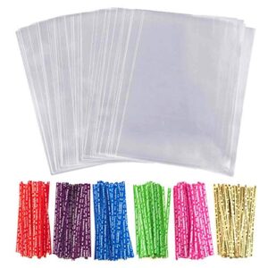 cellophane treat bags 100 pcs clear cello candy cookie lollipop bakery dessert cello flat goodie bag with 100 twist ties resealable 3″ x 4″