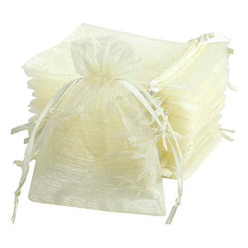 Naler 120 Pieces 2.7 x3.5 Inch Mini Sheer Drawstring Organza Bags Jewelry Sack Pouches Candy Jewelry Party Wedding Favor Gift Bags, Beige