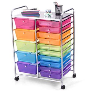 goflame 15-drawer rolling storage cart, multipurpose movable organizer cart, utility cart for home, office, school (multicolored & clear)