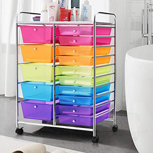 GOFLAME 15-Drawer Rolling Storage Cart, Multipurpose Movable Organizer Cart, Utility Cart for Home, Office, School (Multicolored & Clear)