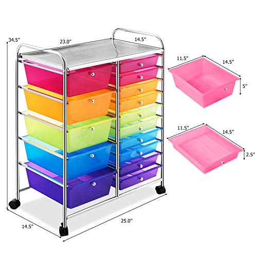 GOFLAME 15-Drawer Rolling Storage Cart, Multipurpose Movable Organizer Cart, Utility Cart for Home, Office, School (Multicolored & Clear)