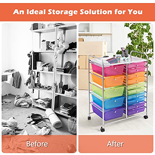 GOFLAME 15-Drawer Rolling Storage Cart, Multipurpose Movable Organizer Cart, Utility Cart for Home, Office, School (Multicolored & Clear)