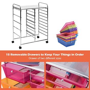 GOFLAME 15-Drawer Rolling Storage Cart, Multipurpose Movable Organizer Cart, Utility Cart for Home, Office, School (Multicolored & Clear)