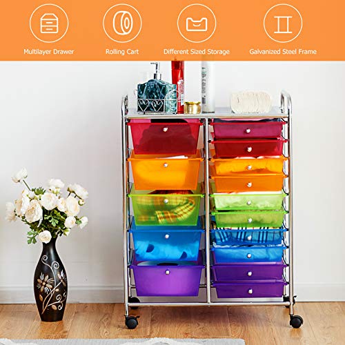 GOFLAME 15-Drawer Rolling Storage Cart, Multipurpose Movable Organizer Cart, Utility Cart for Home, Office, School (Multicolored & Clear)