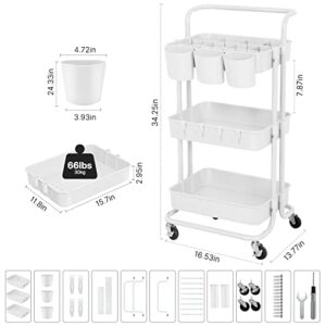 E&D FURNITURE 3 Tier Rolling Storage Cart with Wheels, Utility Art Craft Supply Cart Organizer on Wheels, Multipurpose Adjustable Makeup Cart Hair Salon Trolley with Handle & Hanging Cups