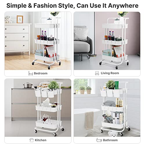 E&D FURNITURE 3 Tier Rolling Storage Cart with Wheels, Utility Art Craft Supply Cart Organizer on Wheels, Multipurpose Adjustable Makeup Cart Hair Salon Trolley with Handle & Hanging Cups