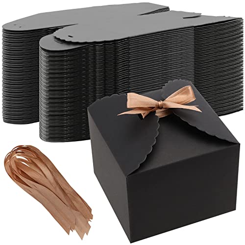 JAPCHET 30 Pack 4.7 x 4.7 x 3.5 Inch Paper Gift Box, Small Empty Kraft Gift Boxes, Black Gift Box for Presents, Recycled Paper Treat Boxes with Ribbons, for Cookie, Cake, Candy, Soap