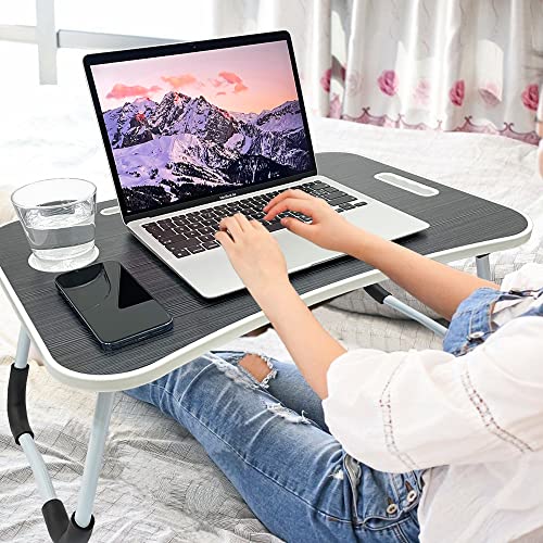 Lap Desk for Laptop Portable Bed Table Whit Built-in Cup Holder and Tablet Slot, Fits up to 15.6 inch Laptop, with Anti-Slip and Folding Function for Working, Eating, and Watching Movies, Dark Grey