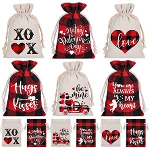 whaline 24 pack valentine’s day burlap gift bags 6 designs red black buffalo plaid drawstring bags rustic style linen pouches sacks for wedding bridal shower party favors supplies, 4 x 6 inch