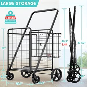 Folding Shopping Cart for Groceries,340 lbs Capacity Grocery Cart with Waterproof Liner and 360° Swiveling Wheels Collapsible Shopping Carts with Double Basket for Condo Laundry Transport Trip