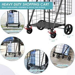 Folding Shopping Cart for Groceries,340 lbs Capacity Grocery Cart with Waterproof Liner and 360° Swiveling Wheels Collapsible Shopping Carts with Double Basket for Condo Laundry Transport Trip