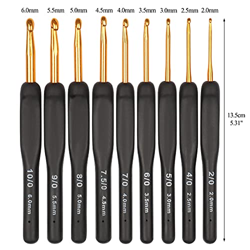 Coopay Black Gold Crochet Hooks Needles for Arthritic Hands, 2.0-6.0mm Crochet Hook Set Ergonomic Soft Grips Knitting Hook for Crochet Yarn Craft, Aluminum Knitting Crochet Supplies Kit for Knitter