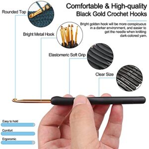 Coopay Black Gold Crochet Hooks Needles for Arthritic Hands, 2.0-6.0mm Crochet Hook Set Ergonomic Soft Grips Knitting Hook for Crochet Yarn Craft, Aluminum Knitting Crochet Supplies Kit for Knitter