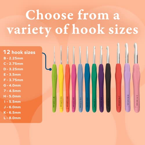 BeCraftee Crochet Hooks Kit - 12 Piece Set Extra-Long Crocheting Needles with Soft, Ergonomic Rubber Grips and 12 Hook Sizes - Knitting & Crochet Supplies for Beginners, Comfortable/Easy to Use