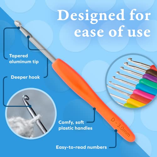 BeCraftee Crochet Hooks Kit - 12 Piece Set Extra-Long Crocheting Needles with Soft, Ergonomic Rubber Grips and 12 Hook Sizes - Knitting & Crochet Supplies for Beginners, Comfortable/Easy to Use