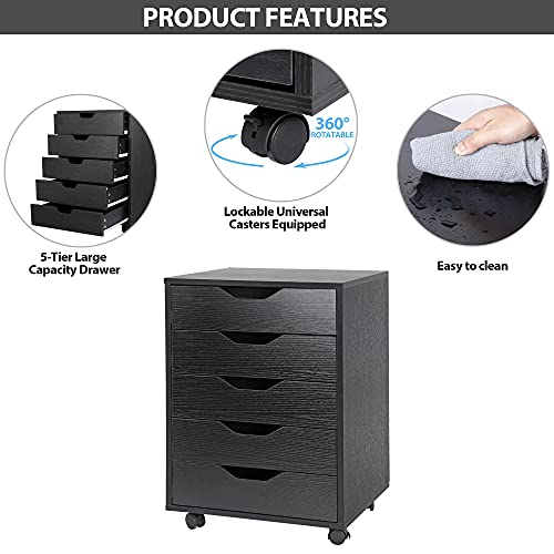 SUPER DEAL 5 Drawer File Cabinet for Home Office Apartment Wood Under Desk Filing Cabinet Mobile Printer Stand Rolling Storage Organizer with Lockable Casters, Black