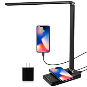 eastar led desk lamp with usb charging port, wireless charger, college dorm room essentials, modern eye-caring desk lamps for home office – 5 lighting modes, bright desk light with timer, black