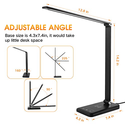 EASTAR LED Desk Lamp with USB Charging Port, Wireless Charger, College Dorm Room Essentials, Modern Eye-Caring Desk Lamps for Home Office - 5 Lighting Modes, Bright Desk Light with Timer, Black