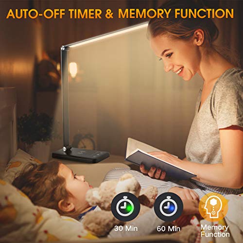 EASTAR LED Desk Lamp with USB Charging Port, Wireless Charger, College Dorm Room Essentials, Modern Eye-Caring Desk Lamps for Home Office - 5 Lighting Modes, Bright Desk Light with Timer, Black