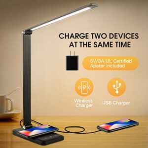 EASTAR LED Desk Lamp with USB Charging Port, Wireless Charger, College Dorm Room Essentials, Modern Eye-Caring Desk Lamps for Home Office - 5 Lighting Modes, Bright Desk Light with Timer, Black