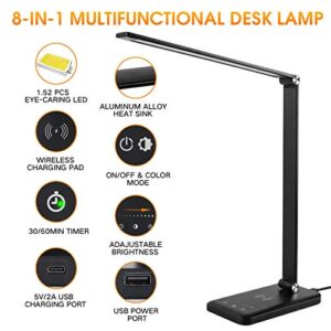 EASTAR LED Desk Lamp with USB Charging Port, Wireless Charger, College Dorm Room Essentials, Modern Eye-Caring Desk Lamps for Home Office - 5 Lighting Modes, Bright Desk Light with Timer, Black