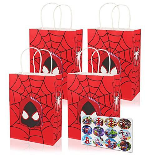 12 pcs Birthday Party Gift Bags with 12 pcs Spider Hero Stickers,Favor Treat Goodie Bag for Birthday Decorations and Supplies