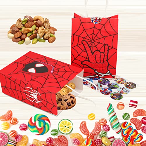 12 pcs Birthday Party Gift Bags with 12 pcs Spider Hero Stickers,Favor Treat Goodie Bag for Birthday Decorations and Supplies