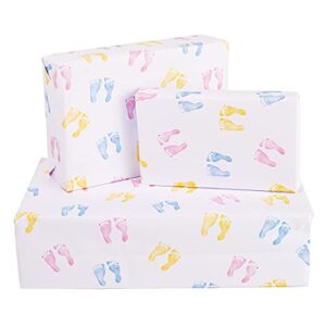 central 23 – new baby wrapping paper – 6 sheets of gift wrap – babies feet – for girls or boys – pink blue and yellow – recyclable