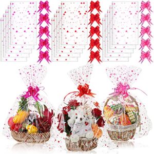 15 pcs clear basket bags valentine heart printed cellophane basket bags and with 15 pcs pull bows, 22.8 x 28 inches gift wrapping supplies cookie bags for dolls gifts candy crafts fruits