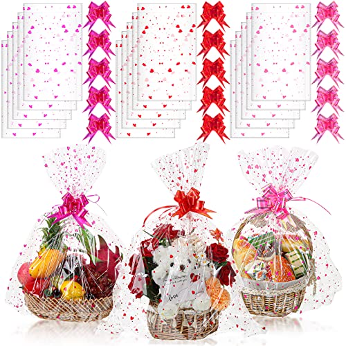 15 Pcs Clear Basket Bags Valentine Heart Printed Cellophane Basket Bags and with 15 Pcs Pull Bows, 22.8 x 28 Inches Gift Wrapping Supplies Cookie Bags for Dolls Gifts Candy Crafts Fruits