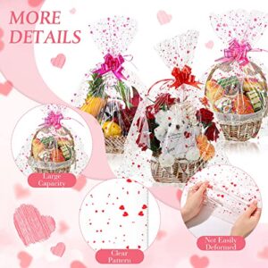 15 Pcs Clear Basket Bags Valentine Heart Printed Cellophane Basket Bags and with 15 Pcs Pull Bows, 22.8 x 28 Inches Gift Wrapping Supplies Cookie Bags for Dolls Gifts Candy Crafts Fruits