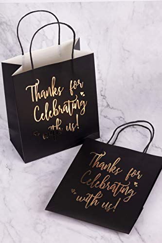 LaRibbons Medium Size Gift Bags - Gold Foil Thanks for celebrating with us Black Paper Bags with Handles for Wedding, Birthday, Baby Shower, Party Favors - 12 Pack - 8" x 4" x 10"