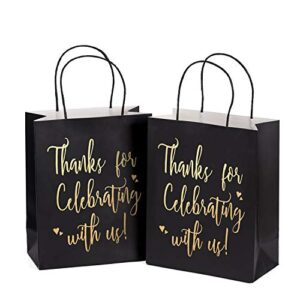 laribbons medium size gift bags – gold foil thanks for celebrating with us black paper bags with handles for wedding, birthday, baby shower, party favors – 12 pack – 8″ x 4″ x 10″