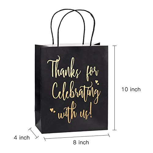 LaRibbons Medium Size Gift Bags - Gold Foil Thanks for celebrating with us Black Paper Bags with Handles for Wedding, Birthday, Baby Shower, Party Favors - 12 Pack - 8" x 4" x 10"