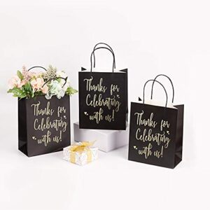 LaRibbons Medium Size Gift Bags - Gold Foil Thanks for celebrating with us Black Paper Bags with Handles for Wedding, Birthday, Baby Shower, Party Favors - 12 Pack - 8" x 4" x 10"