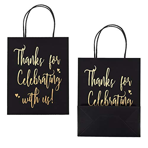 LaRibbons Medium Size Gift Bags - Gold Foil Thanks for celebrating with us Black Paper Bags with Handles for Wedding, Birthday, Baby Shower, Party Favors - 12 Pack - 8" x 4" x 10"