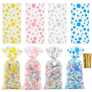 polka dot cellophane bags, 100pcs clear treat bags, plastic christmas cello bags sweets bags with 100 twist ties for goodie, cookies, nut, gift wrap, wedding birthday party favor supplies (4 pattern)