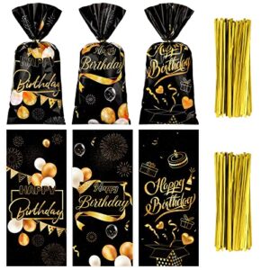 hotop 150 pcs black and gold bags happy birthday cellophane gift treat goodie candy with ties for 90th 80th 70th 60th 50th 40th 30th party decor, 27.5 x 12.5 cm