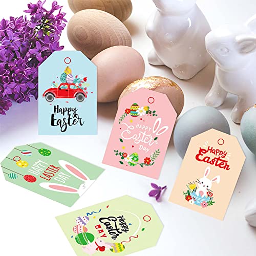 48pcs Happy Easter Hanging Tags Catoon Easter Bunny Pattern Paper Gift Tags with Cotton Strings for Easter Spring Holiday Party Decoration