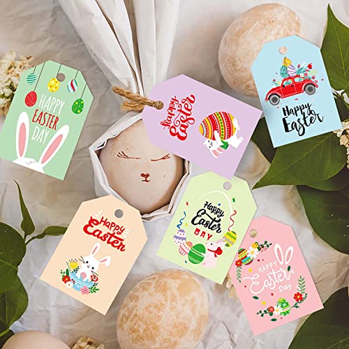48pcs Happy Easter Hanging Tags Catoon Easter Bunny Pattern Paper Gift Tags with Cotton Strings for Easter Spring Holiday Party Decoration